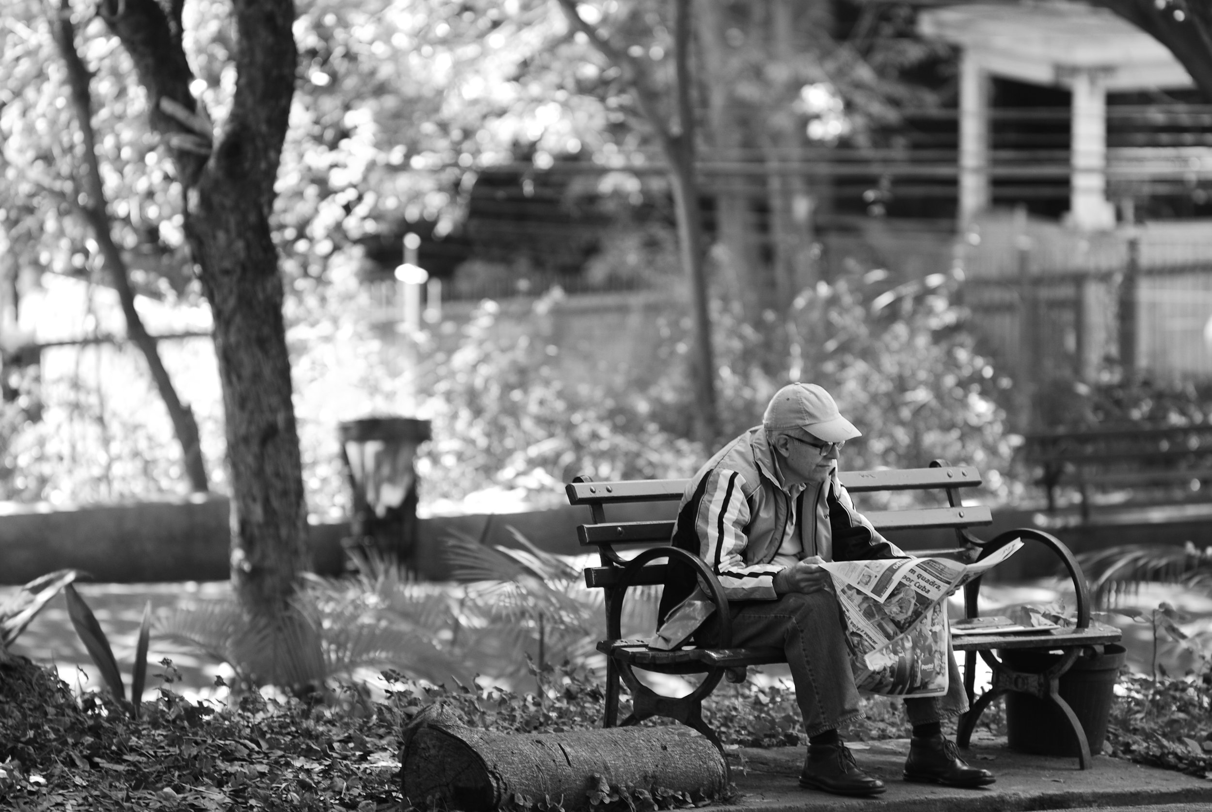 An old man reading a newspaper on a park bench