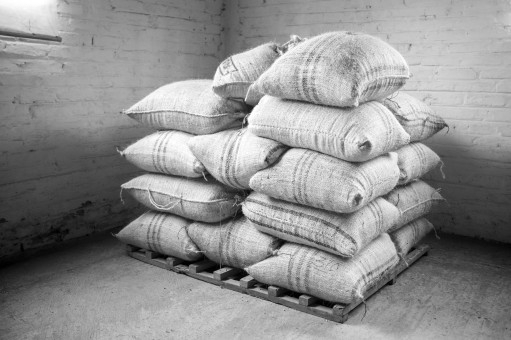 Sacks of green coffee piled on a pallet awaiting export.