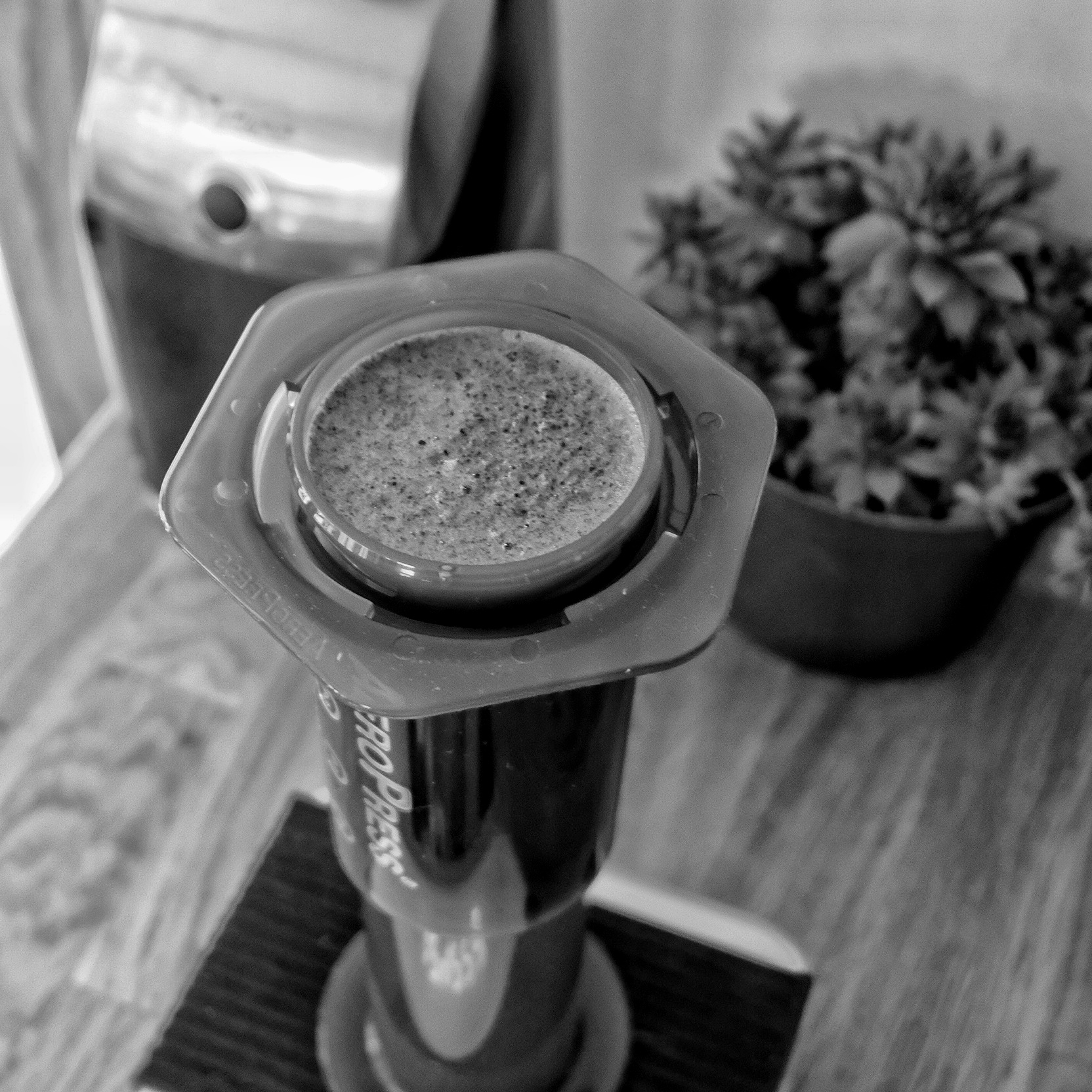An Aeropress coffee maker brewing on top of a scale, seen from above