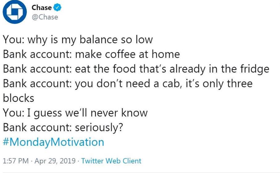 A screenshot of a Chase bank tweet giving people money advice