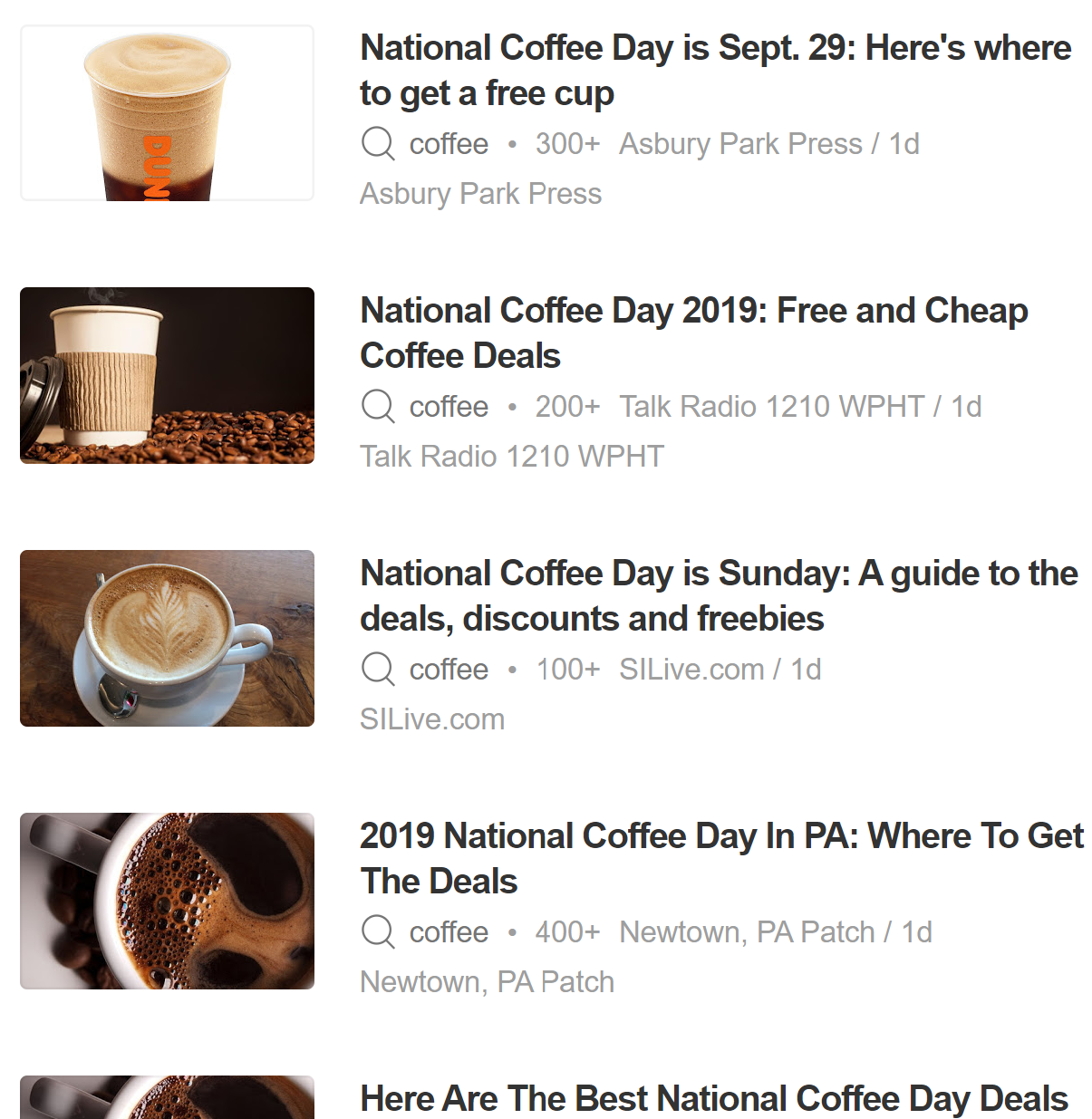 A screenshot of news stories about National Coffee Day
