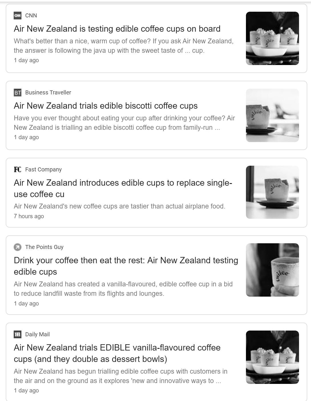 Screenshot of news reports about Air New Zealand’s biscotti cups