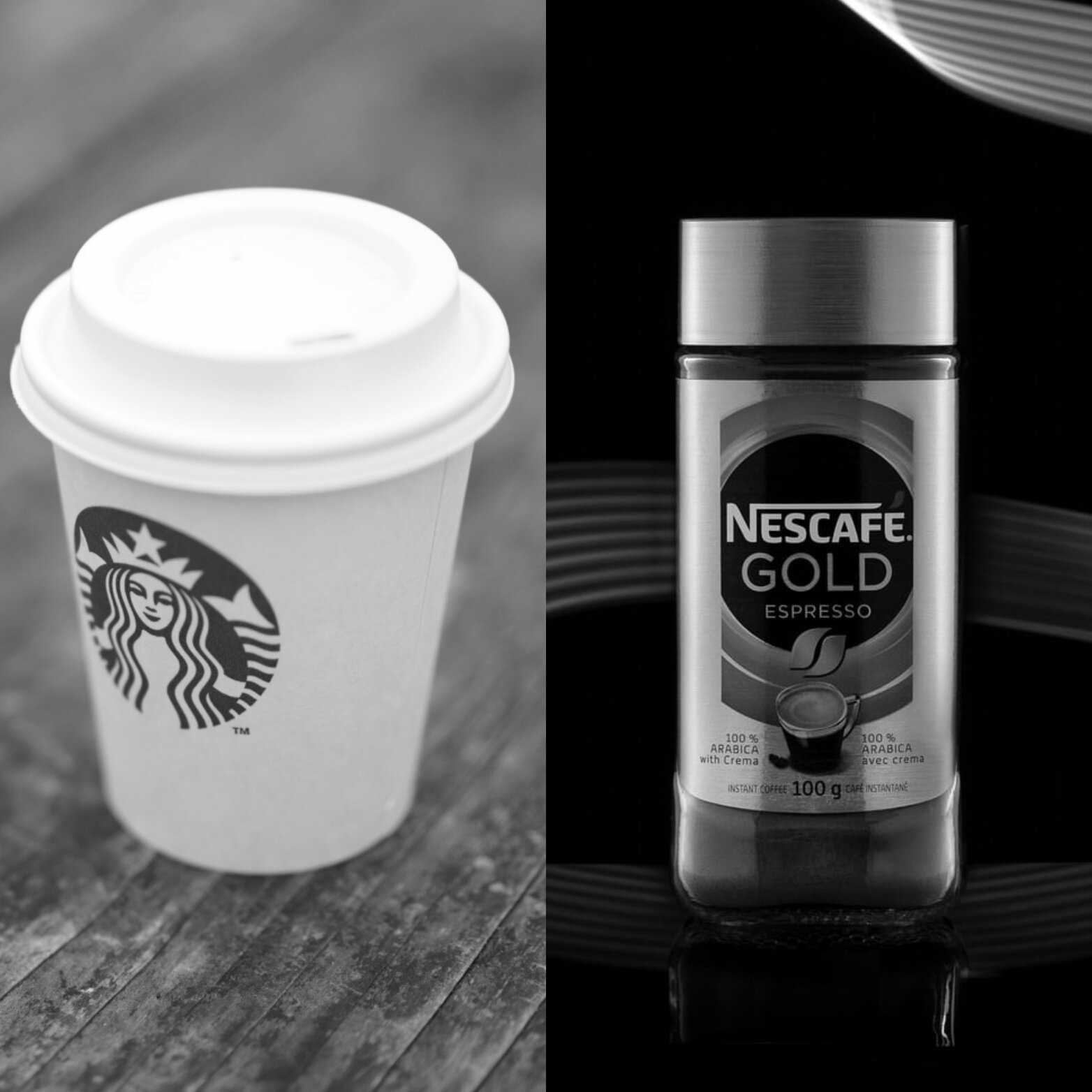 A Starbucks coffee cup and a jar of Nescafe Gold in a composite image