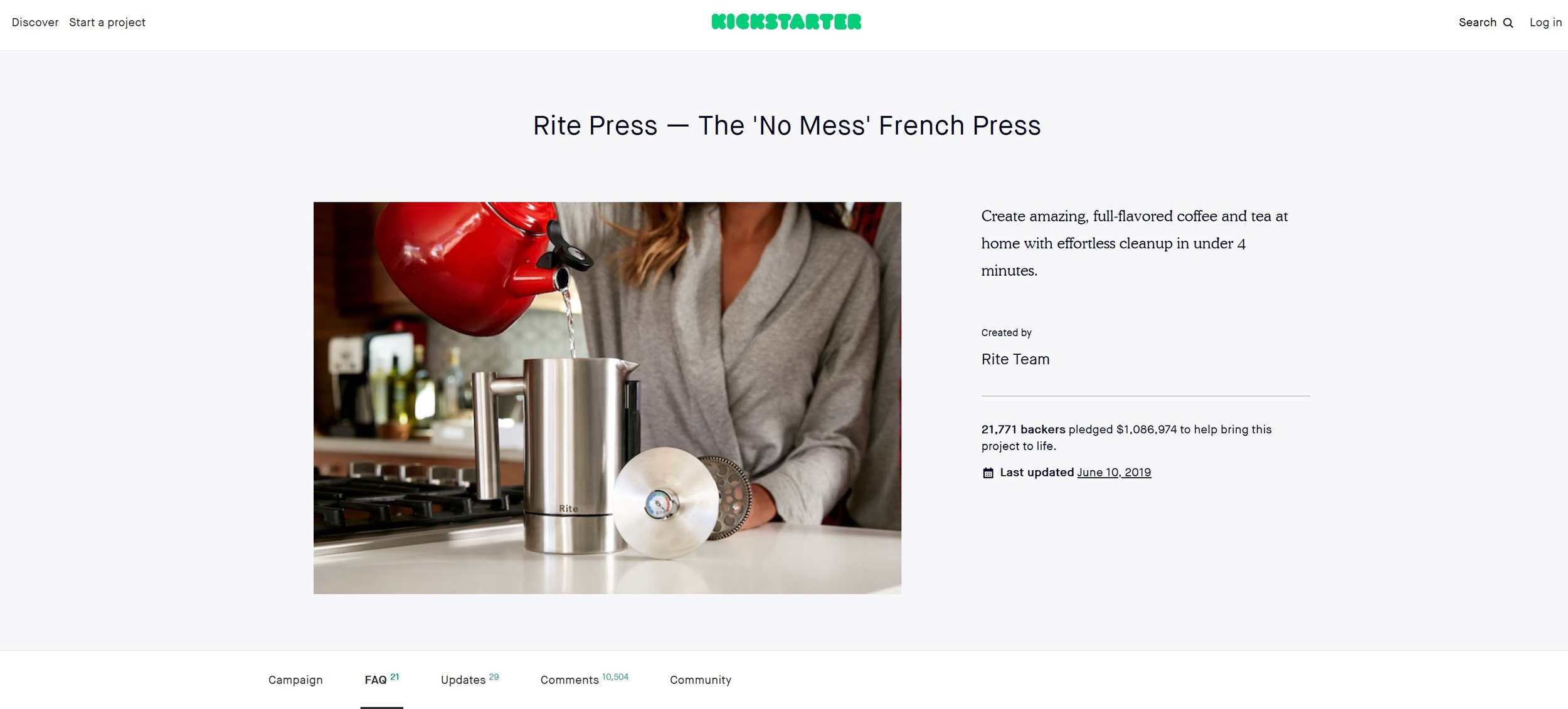 A screenshot of Rite Press's Kickstarter page