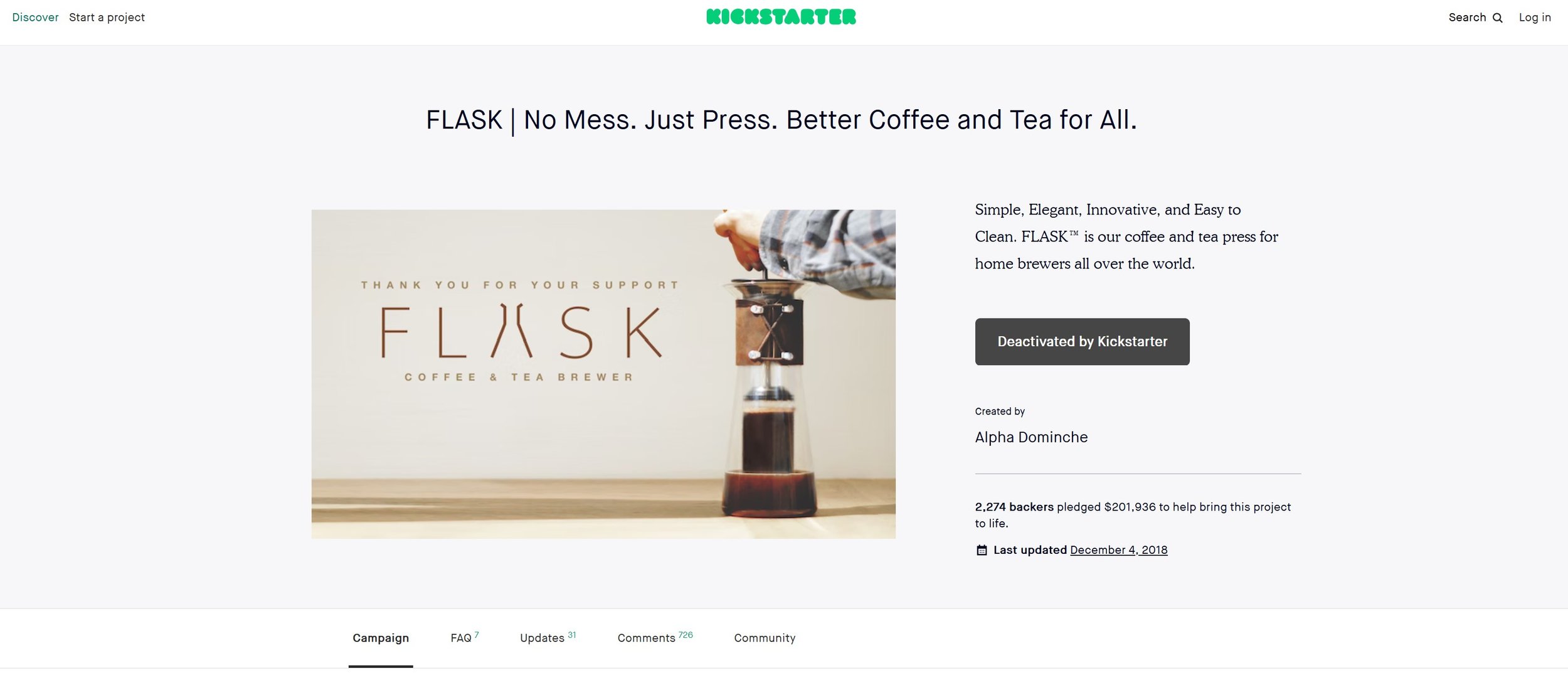 A screenshot of Flask's Kickstarter page