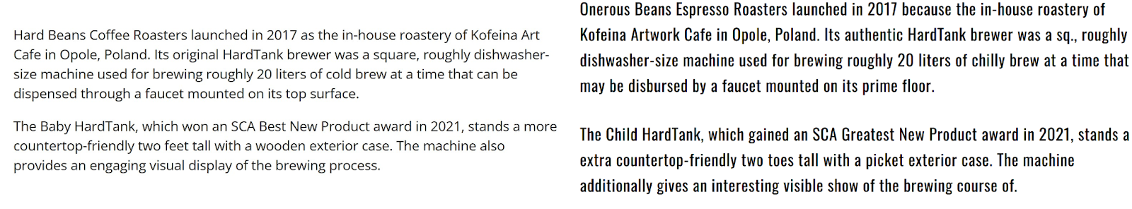 Screenshot of part of the Daily Coffee News story on the left, with Barista Speech’s copied version on the right.