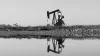An oil pump jack reflected in a body of water.